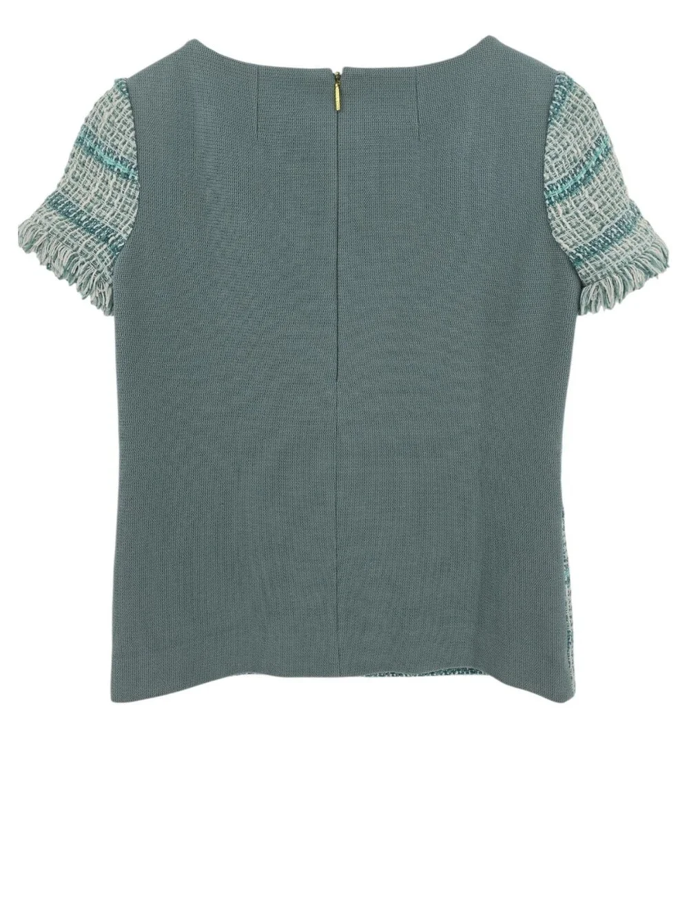 Tory Burch Joan Ribbon Tweed Blouse Size 2 Beaded Collar Striped Teal Fringe